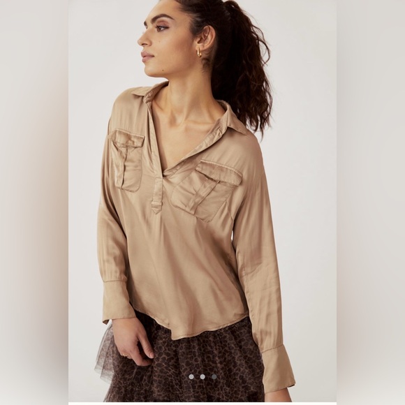 Anthropologie Tops - Antropologie Sleek V-Neck Blouse Neutral M